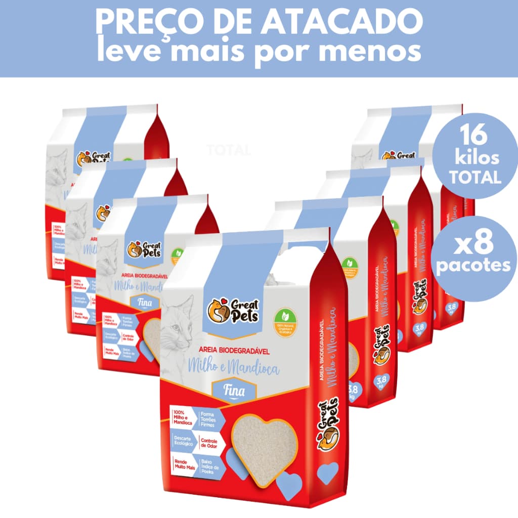 Kit Atacado Areia Higiênica Milho e Mandioca Biodegradável Para Gatos Great Pets
