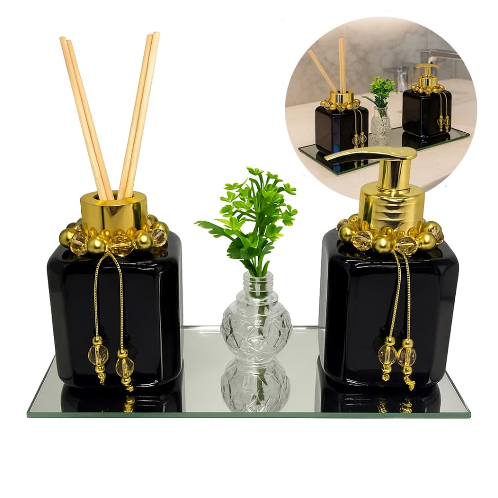 Kit Lavabo Plástico LUXO Cubo Saboneteira e Difusor com Gargantilha de Cristal