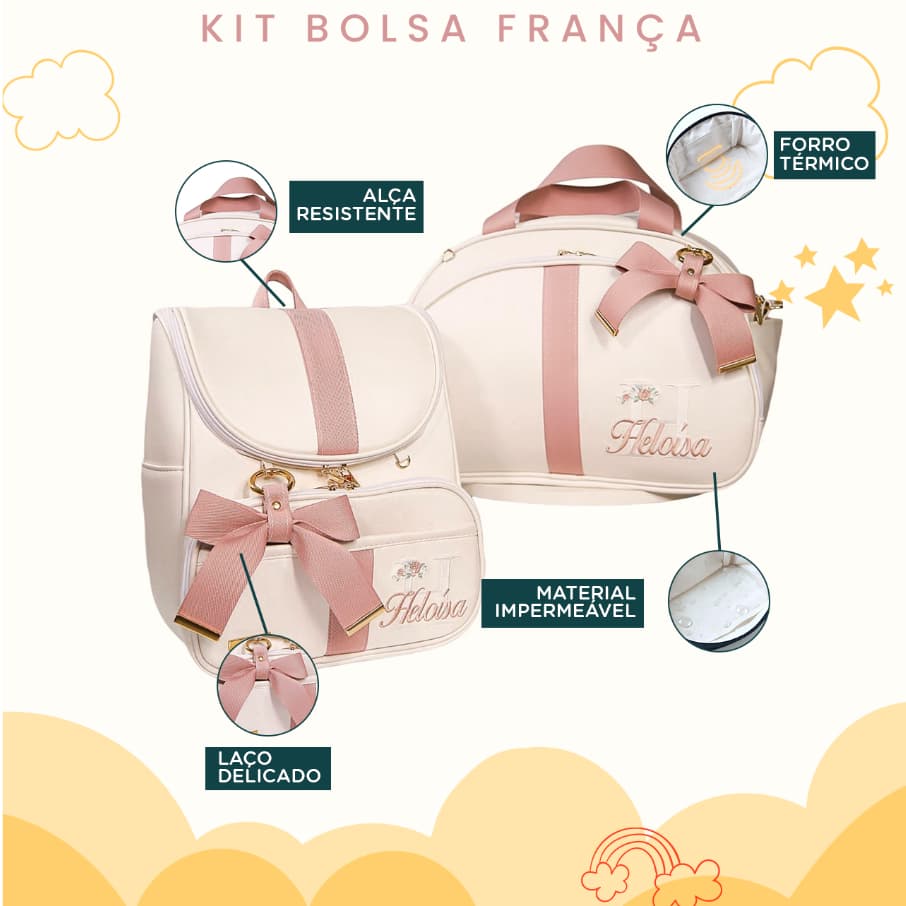 Kit Maternidade 2 Peças Bolsa e Mochila Personalizado Térmica Impermeável, Coleção França