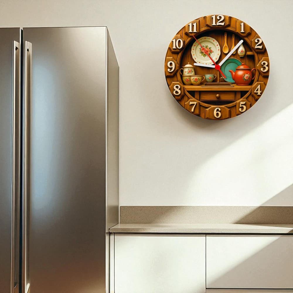 Relógio de Parede - Amadeirado Cozinha Efeito 3D - 25x25x2cm
