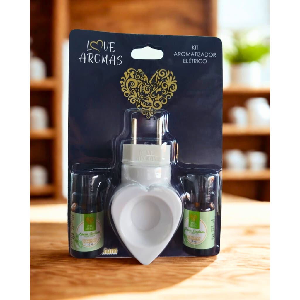 Kit Aromático: Difusor Elétrico Coração (Bivolt) + 2 Essências 10ml – Escolha o Aroma