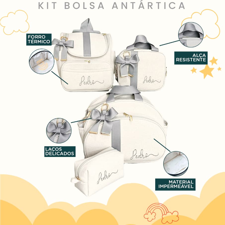 Kit Maternidade 4 Peças Duas Bolsas, Mochila e Estojo  Personalizado Térmica Impermeável, Coleção Antártica