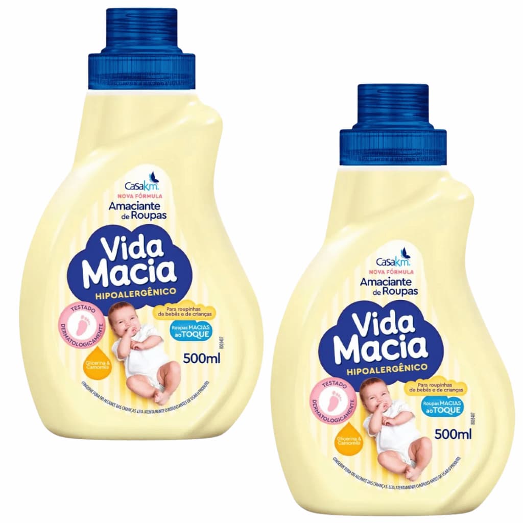 KIT 02 UND Amaciante Vida Macia Hipoalergênico Glicerina & Camomila 500ML Roupinha Bebê Crianças