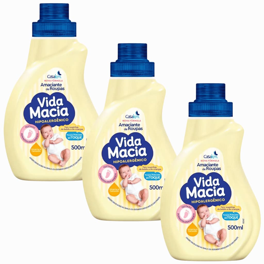 KIT 03 UND Amaciante Vida Macia Hipoalergênico Glicerina & Camomila 500ML Roupinha Bebê Crianças