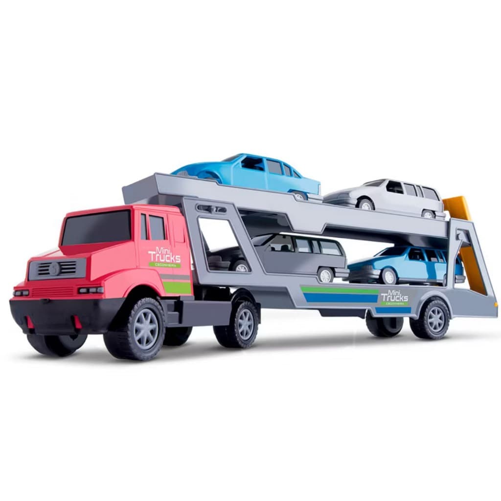 Caminhão Truck Cegonha 40 Cm Com 4 Carrinhos Reboque Cegonheiro Resistente Brinquedo Menino