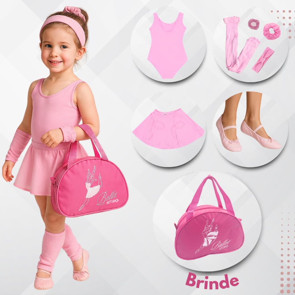 Kit Ballet Feminino Rosa 7 Peças + Bolsa Brinde 2 a 12 Anos