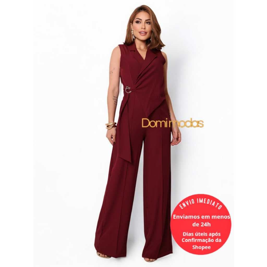 Domi Modas Macacão Feminino Estilo Social Modelo Assimétrico com Detalhe na Cintura 88000