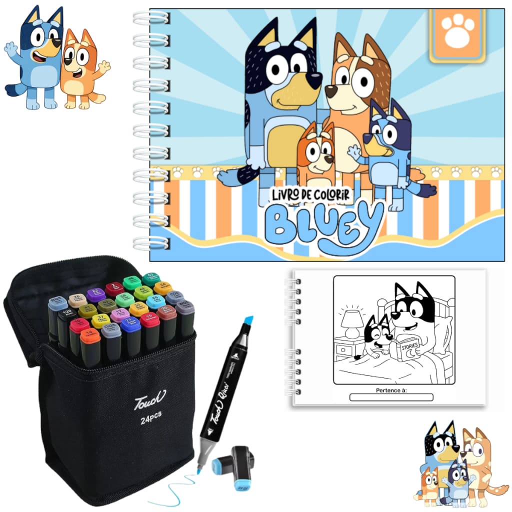 Kit Livro de Colorir Bluey + Jogo de Canetinhas 24/36 Cores Ponta Dupla Capa Dura A5 50 Páginas 180g