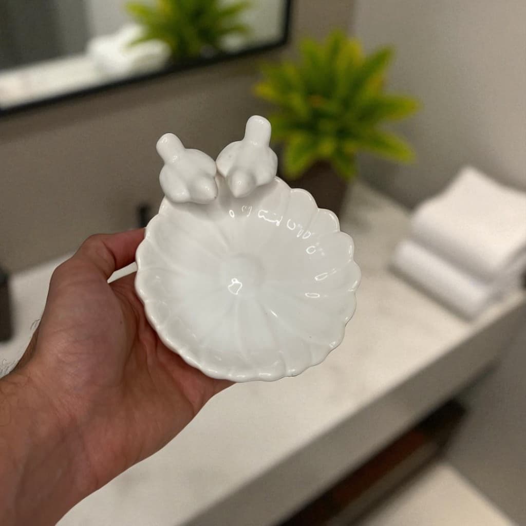 Saboneteira Para Banheiro Lavabo Cozinha Decoração Enfeite Em Cerâmica Com Passarinhos Decorado