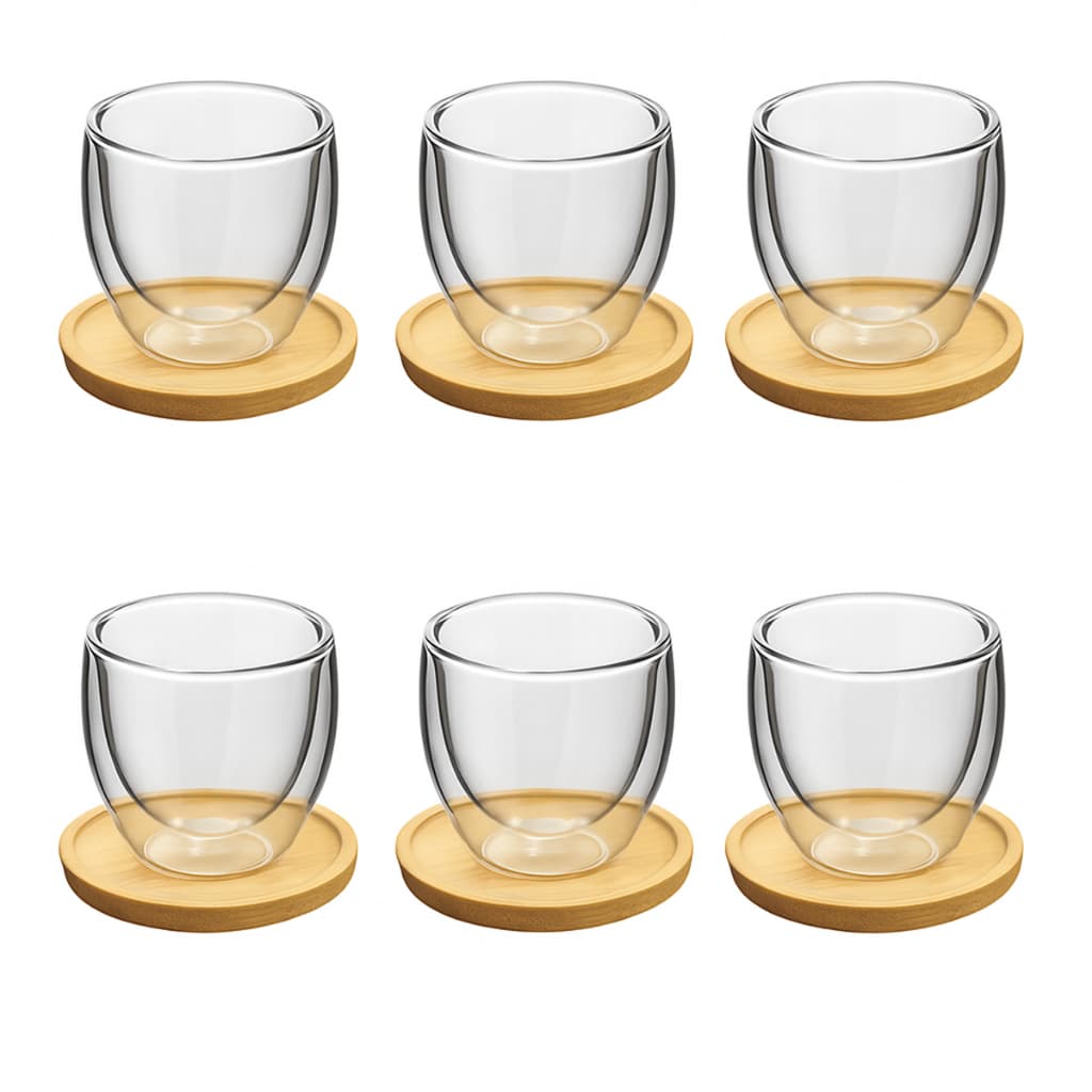 Jogo Xicara 100ml Café Expresso Chá Copos Kit Dupla Camada Gourmet Vidro Duplo Pires Bambu