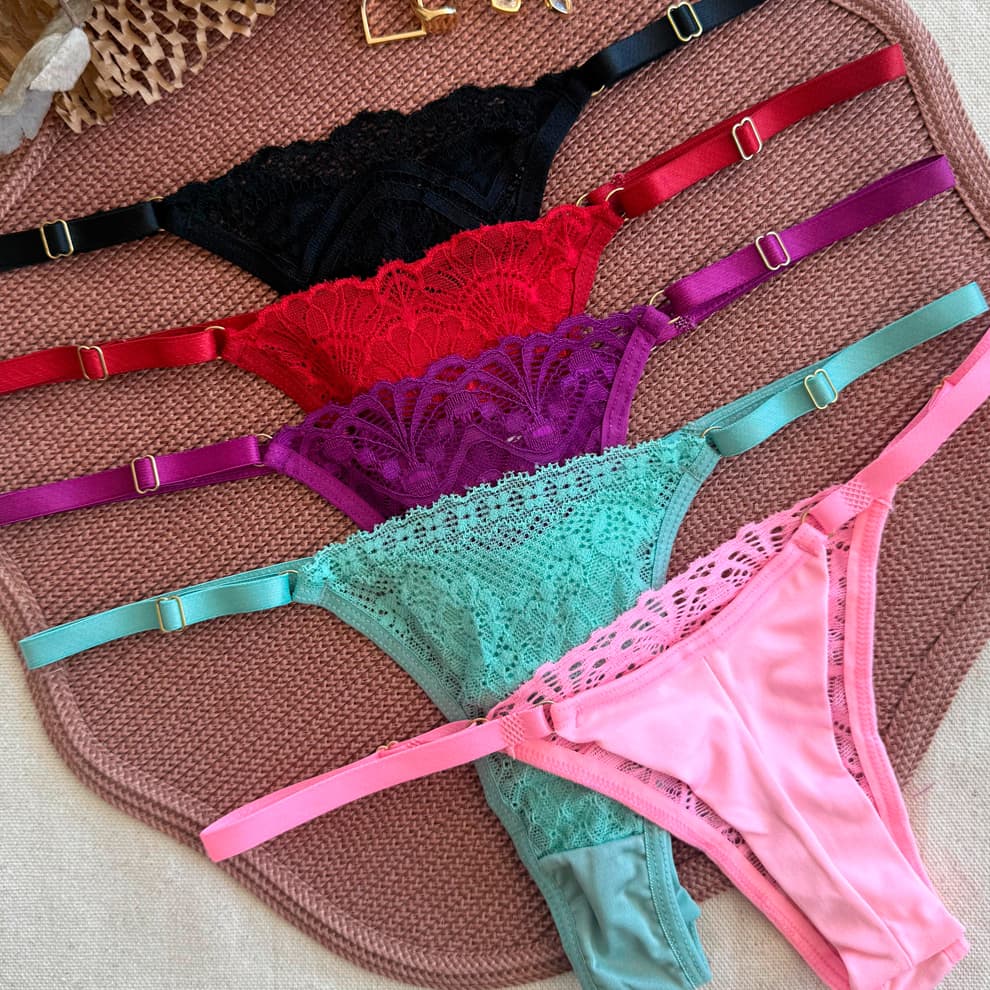 Kit 5 Calcinha Fio Duplo Empina Bumbum em Microfibra e Renda com Alças Regulaveis
