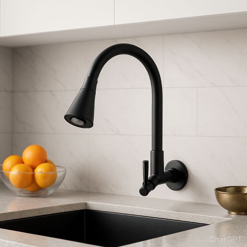 Torneira De PAREDE Flexível Para Cozinha Moderna 2 Jatos 1/4 de Volta Cor Preta Abs Silicone