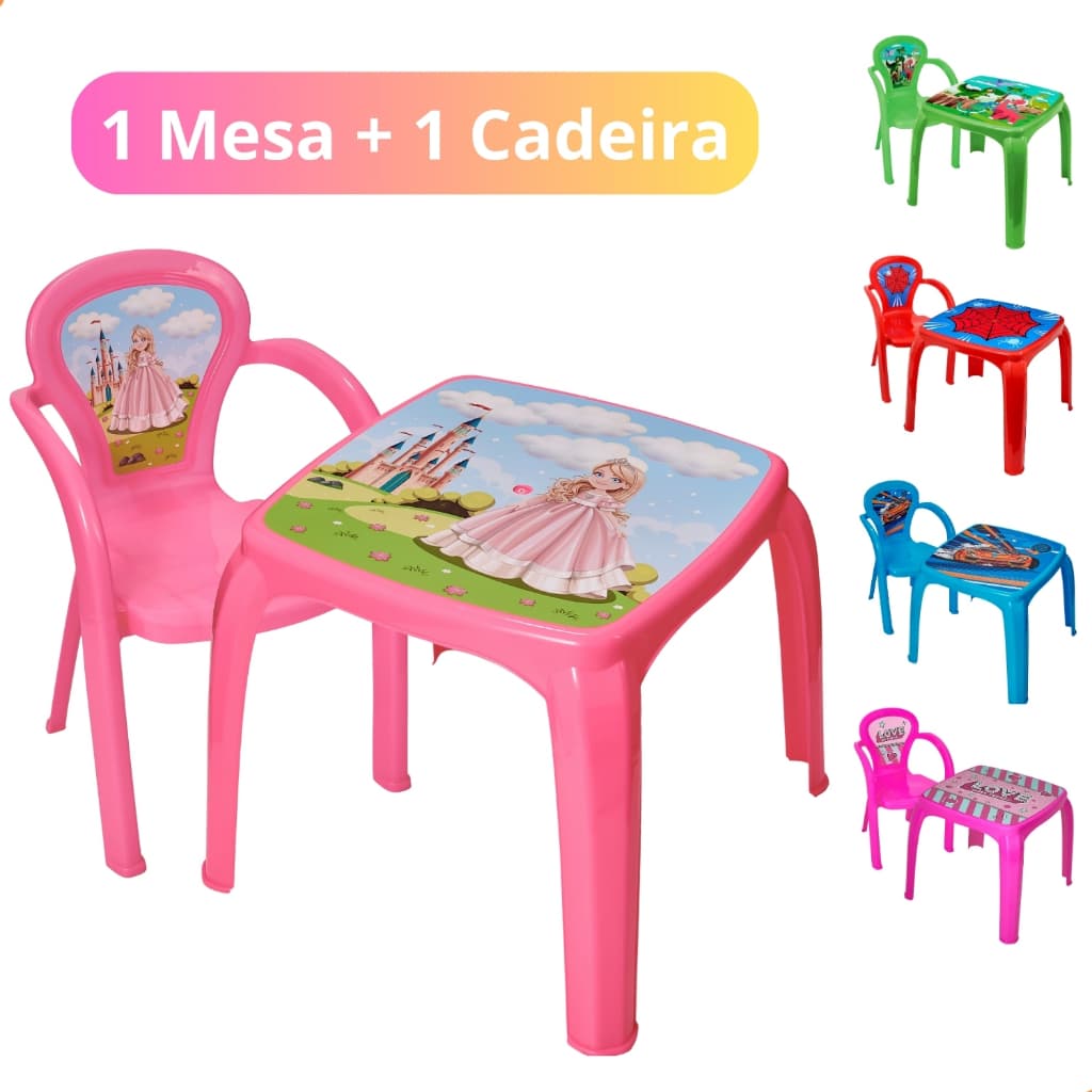 Kit Mesinha Infantil com 1 Cadeira Menino Menina Estudo Hora do Lanche Princesa Dino Homem Aranha