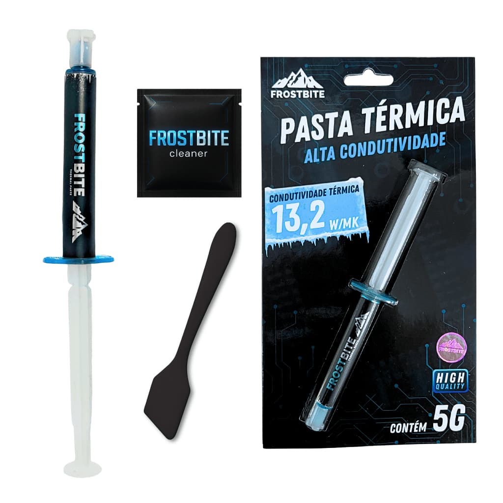 Pasta Térmica Prata 5g com Box Case - 13,2 W/MK Frostbite Silver Alta Condutividade + Espátula + Cleaner