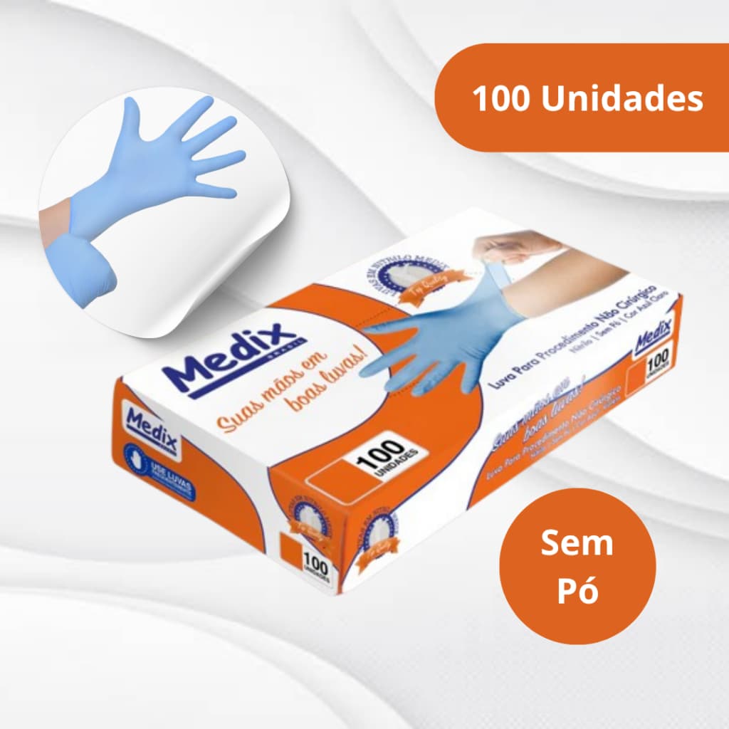 Luva Nitrílica Medix Sem Pó – Uso Profissional – Azul – Caixa c/100