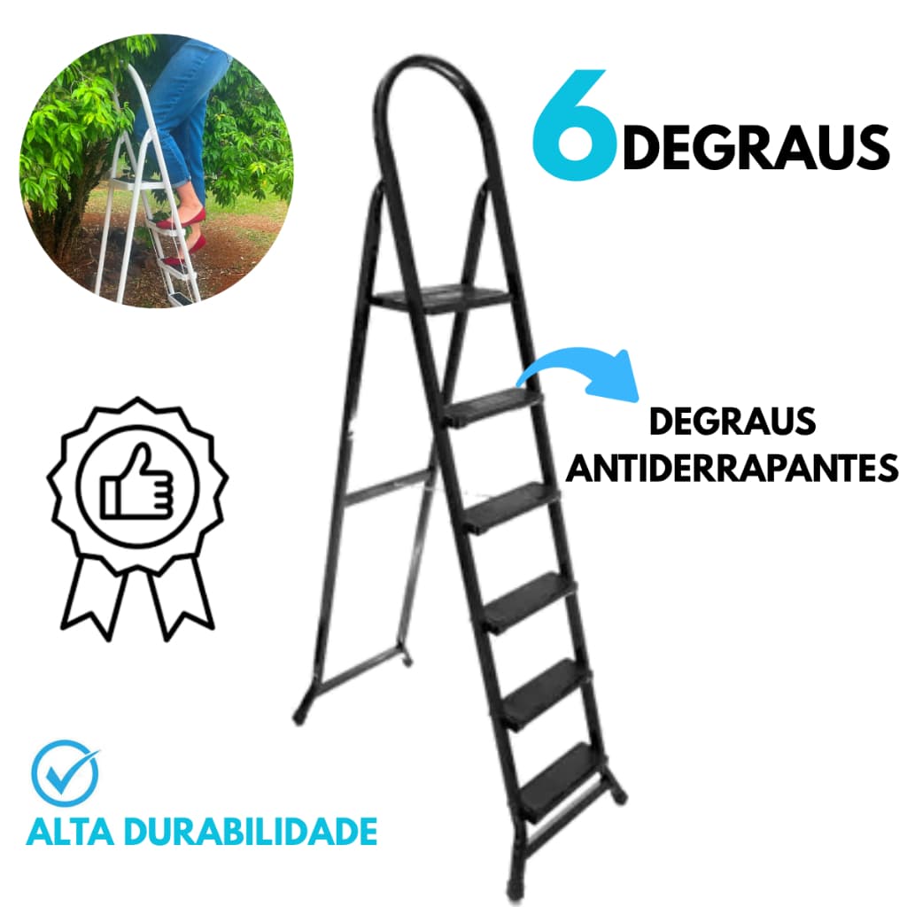 Escada 6 Degraus Dobrável Em Aço Resistente Tipo Tesoura Degrau Antiderrapante Calço De Borracha