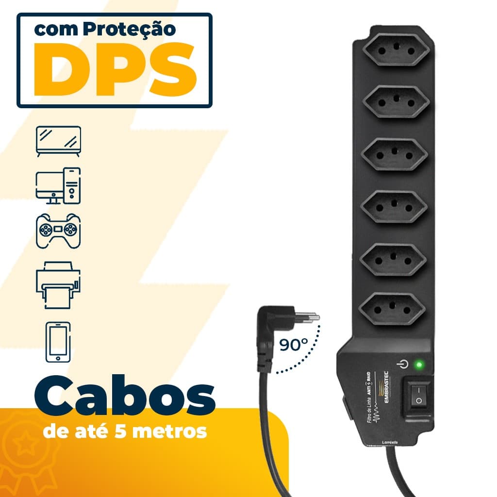 Filtro de Linha 6 Tomadas Embrastec Bivolt DPS Proteção Contra Surtos Régua de Tomadas Extensão
