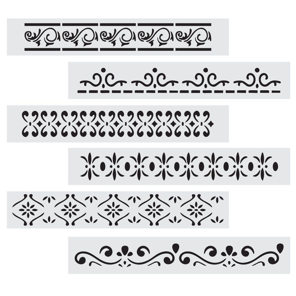 CUTK-0006 - Kit 6 Stencils Pintura Barrados Arabesco 5x30cm Mylar 250 Micras Branco Leitoso