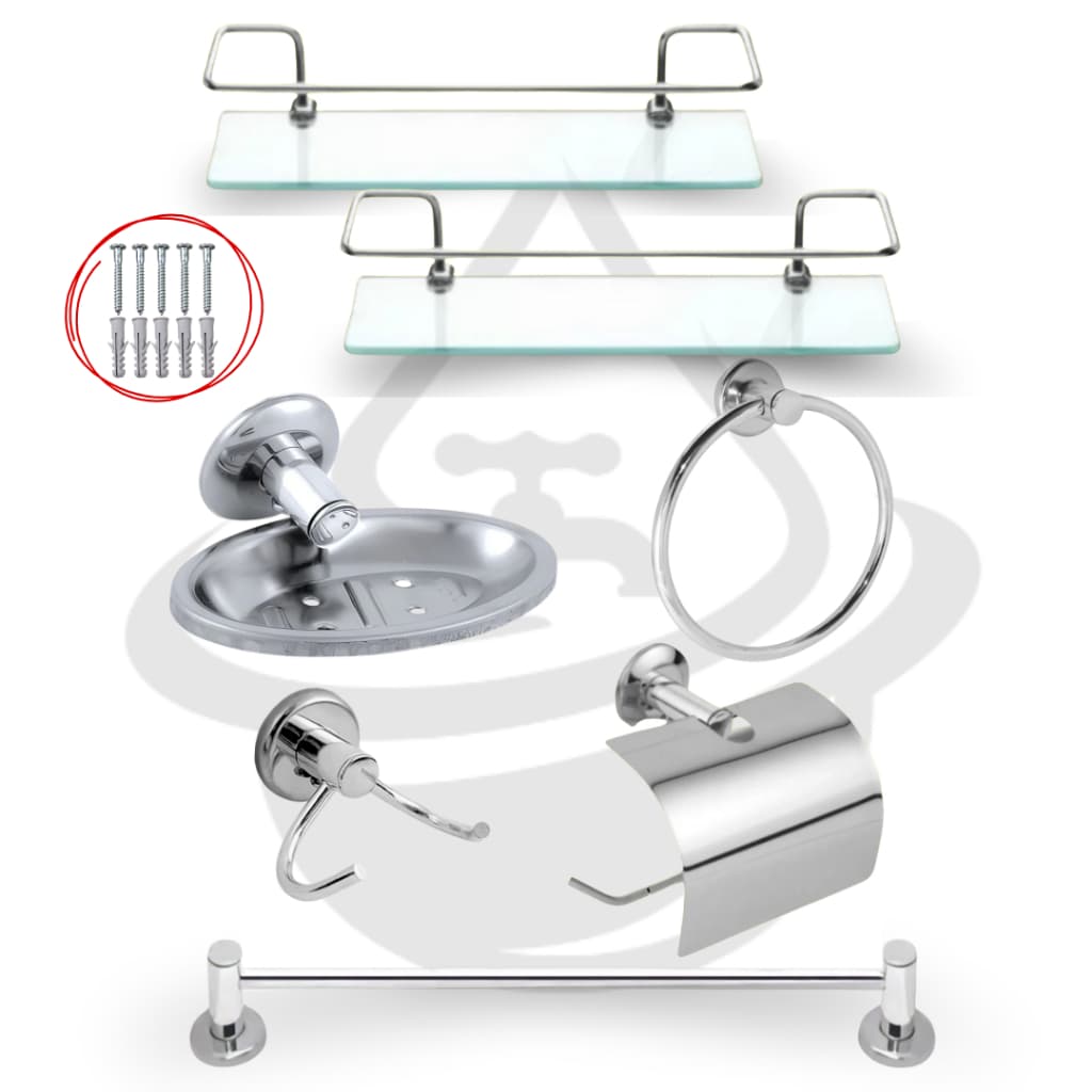 Kit Acessórios para Banheiros 5 peças + 2 Porta Shampoo Reto Inox Vidro Temperado