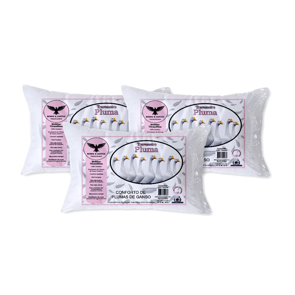 Kit 3 Travesseiros Toque Pluma de Ganso 70x50cm Percal 400 Fios, Antiácaro, Super Macio, Confortável