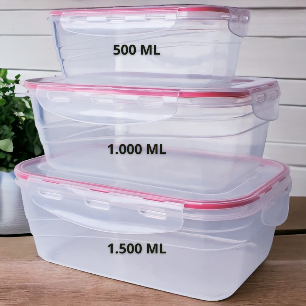 Kit 3 Potes Hermético De Plástico Silicone 500ml 1L 1,5L Micro-ondas Freezer Conservação de Alimento