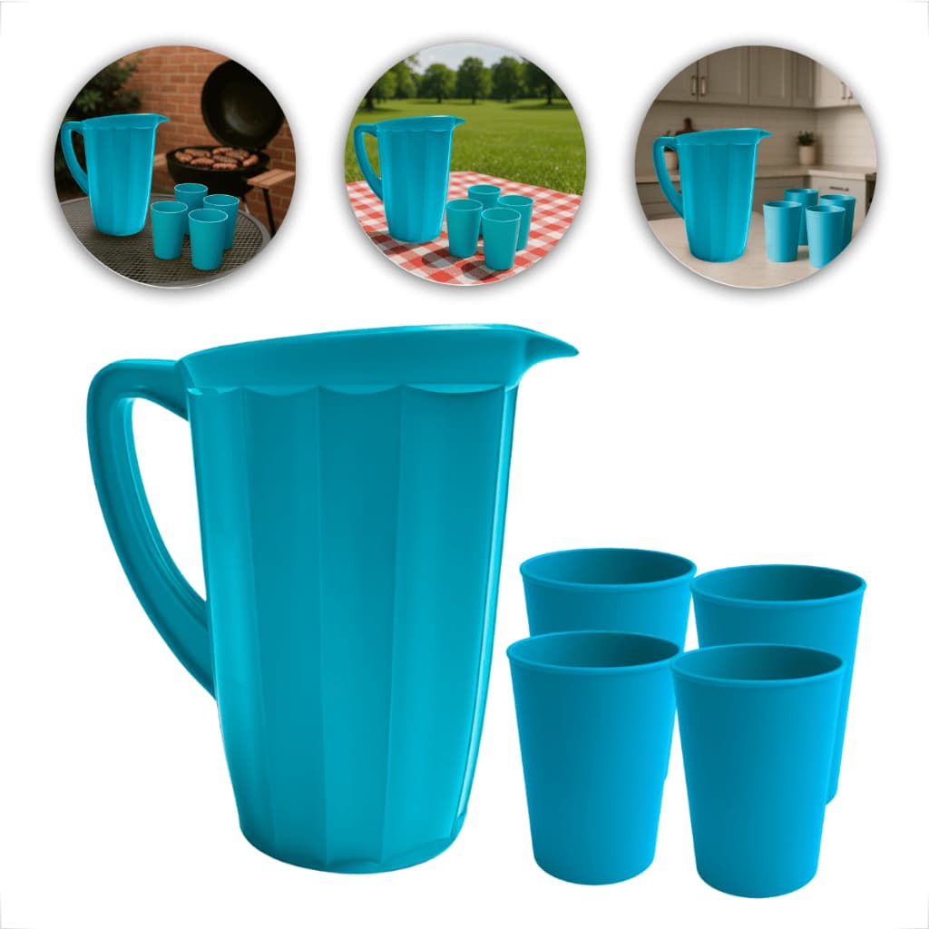 Kit Completo 1 Jarras 1,7L + 4 Copos 200ml Reutilizáveis Colorido Multiuso Festa Piquenique Versátil