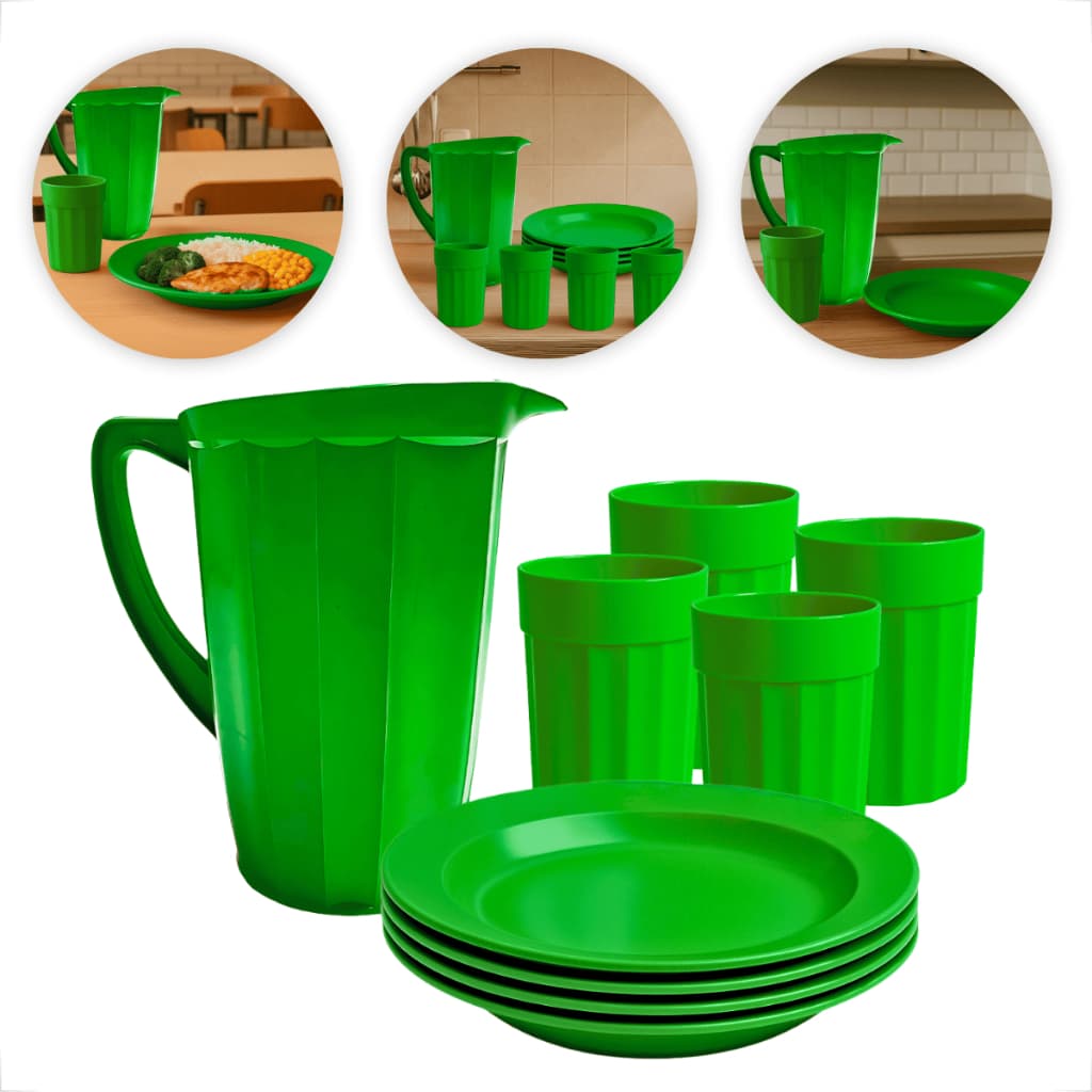 Kit de Jarra + 4 Pratos + 4 Copos Plásticos Coloridos Uso Diário e Refeições