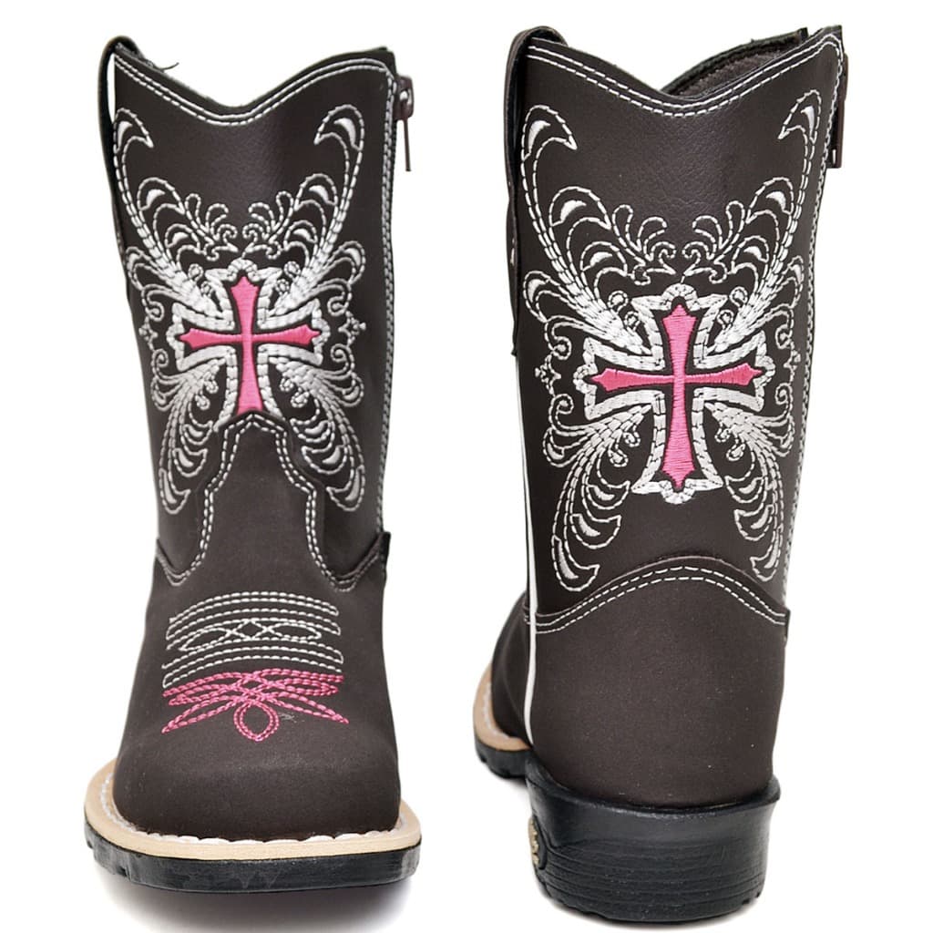 Bota Infantil Feminina Country Texana Bordada Cruz Em Couro Cano Longo Rhl