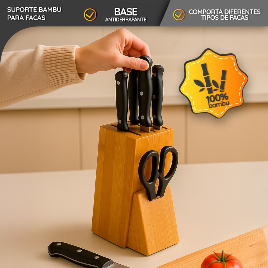 Organizador Suporte Cepo de Facas 100% Bambu Anti Fungos Suporte Tesouras Faqueiro