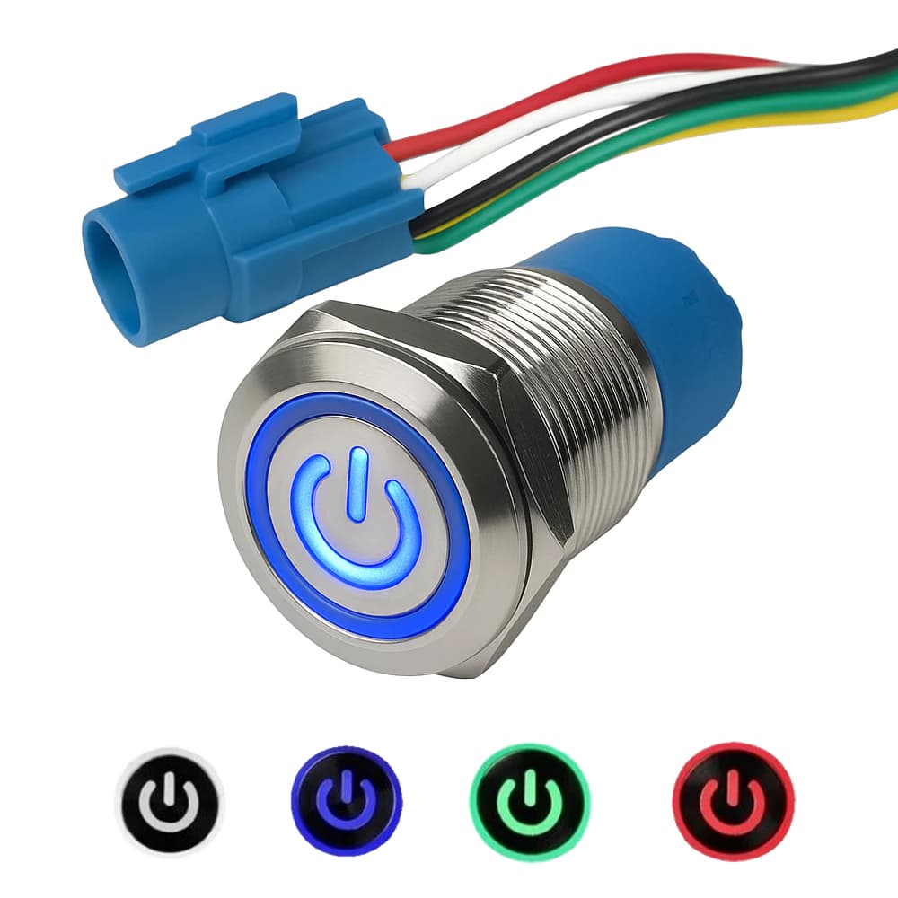Botão On Off Inox 19mm Prata + Chicote Ligação 220v 3a Com Led Azul Vermelho Verde Branco 12v