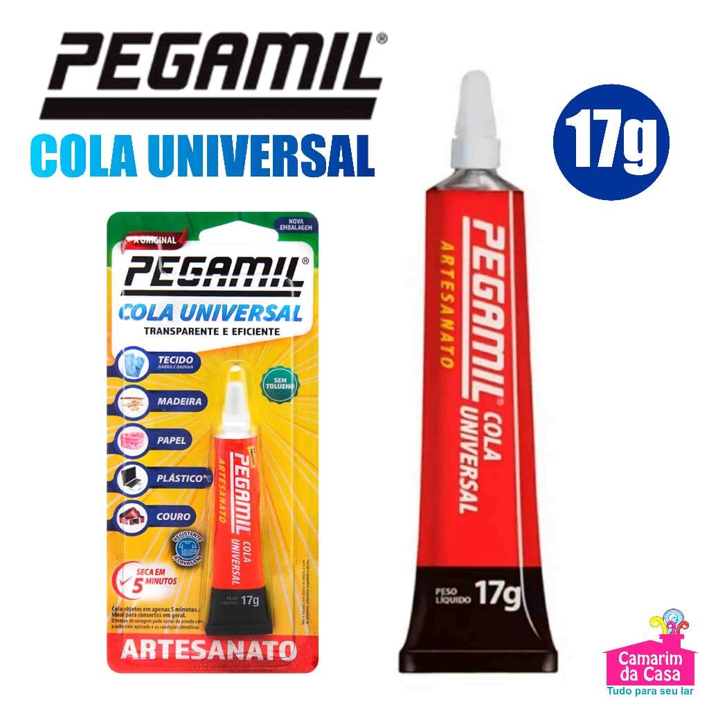 Cola Universal Pegamil Artesanato Tubo com 17 gramas Transparente e Eficiente Seca em 5 minutos.