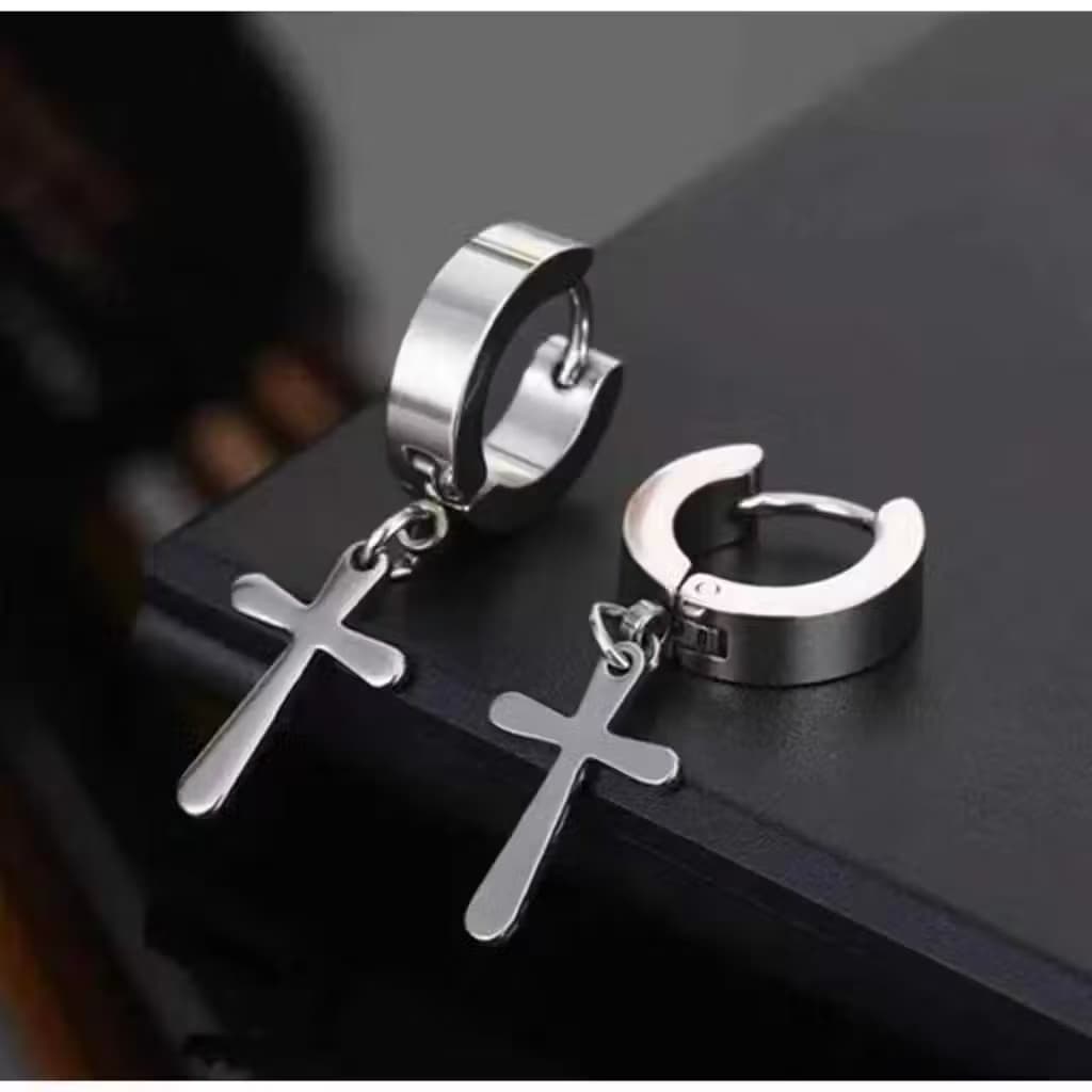 Par Brinco Masculino Argola Cruz Aço Inox