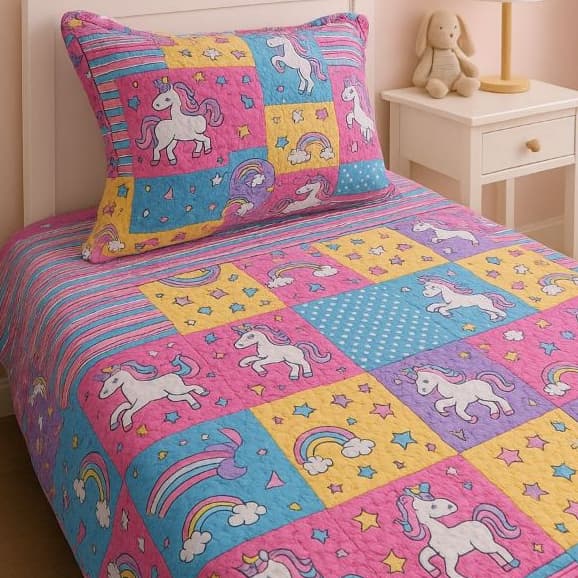 Kit Colcha Cobre Leito Solteiro Bouti Dupla Face 2 Peças C/ Viés Liso e Estampado Infantil