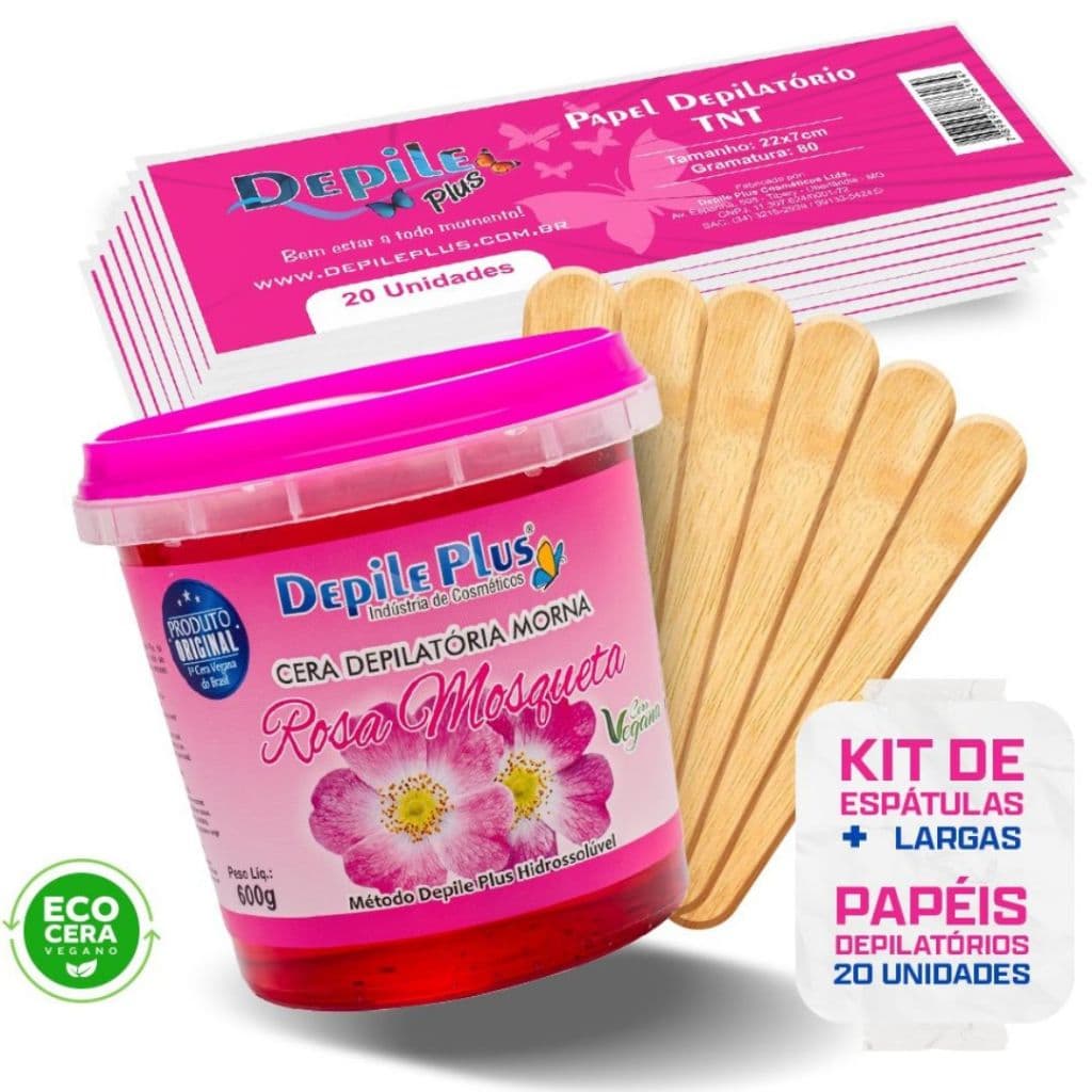 Kit Cera Depilatoria Hidrossoluvel 600g + Espátula Larga 15 Unidades + Papel Depilatorio 20 Unidades