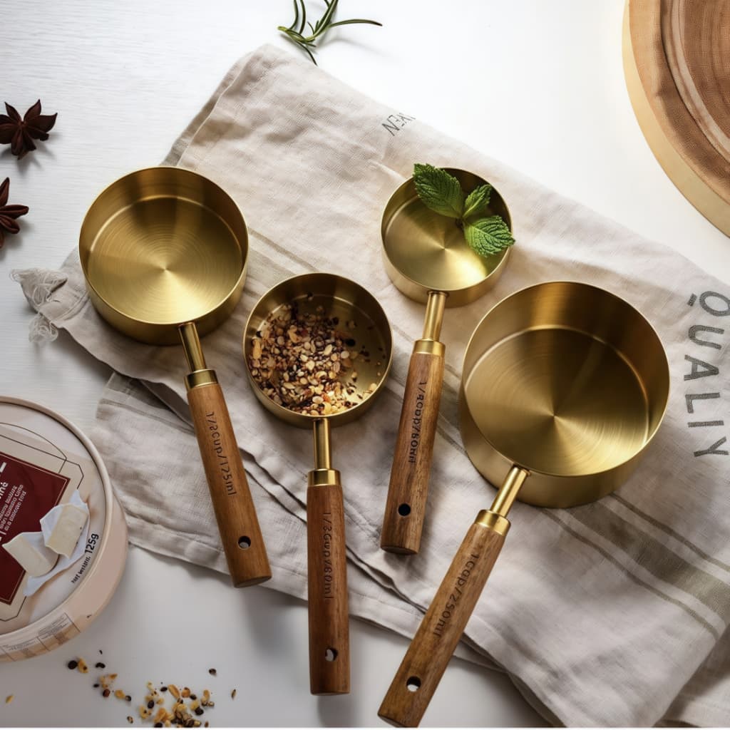 Colheres Medidoras de Aço Inoxidável com Cabo de Madeira – Dourado Luxo para Cozinha Moderna