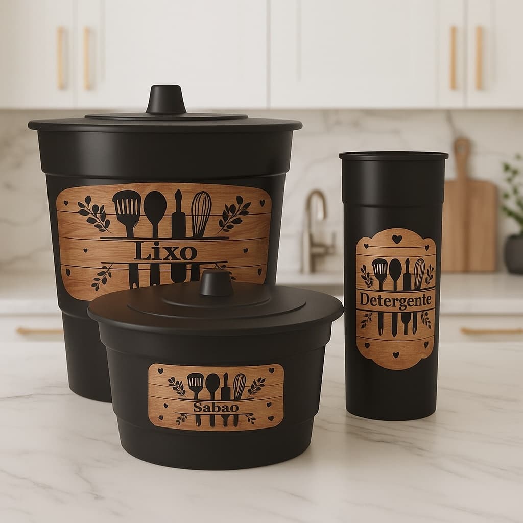 CONJUNTO KIT PIA 3 PEÇAS LIXEIRA PORTA SABÃO E DETERGENTE - COZINHA ESTILO PREMIUM