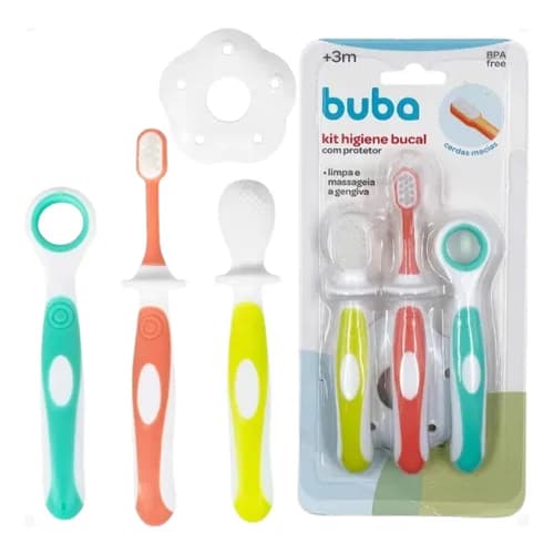 Kit Escova de Dente Bebê C/Protetor Limpador de Língua e Massageador de Gengiva Buba