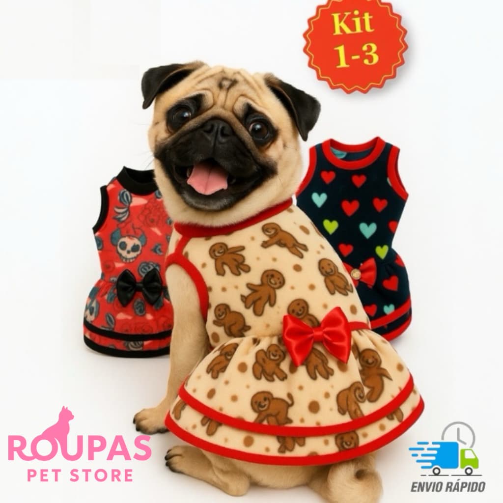 Kit 1-3 Vestido para Cachorro e Gato De Soft Inverno Estampas Sortidas Roupa Pet Frio Tam 0 ao 5