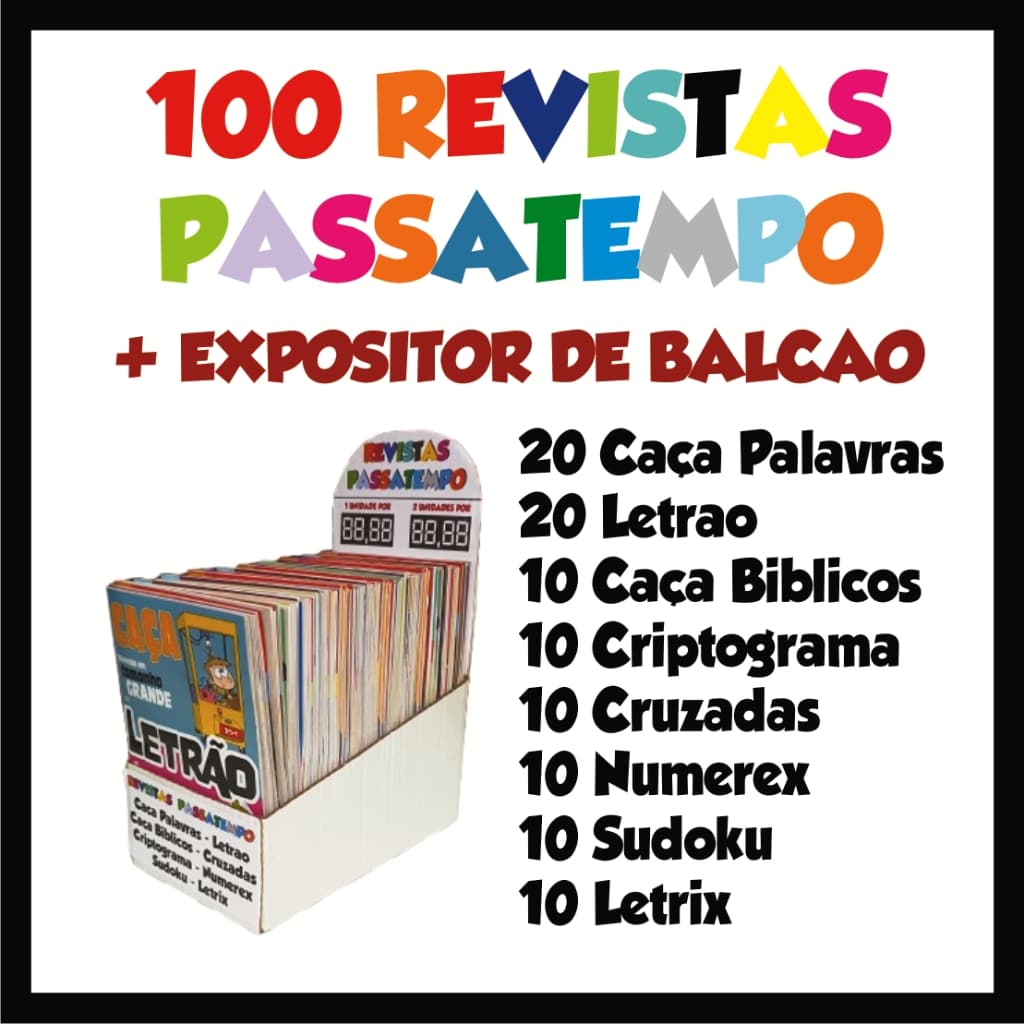 Kit com 100 Revistas Passatempo Sortidas + Expositor de Balcão com Marca Preço