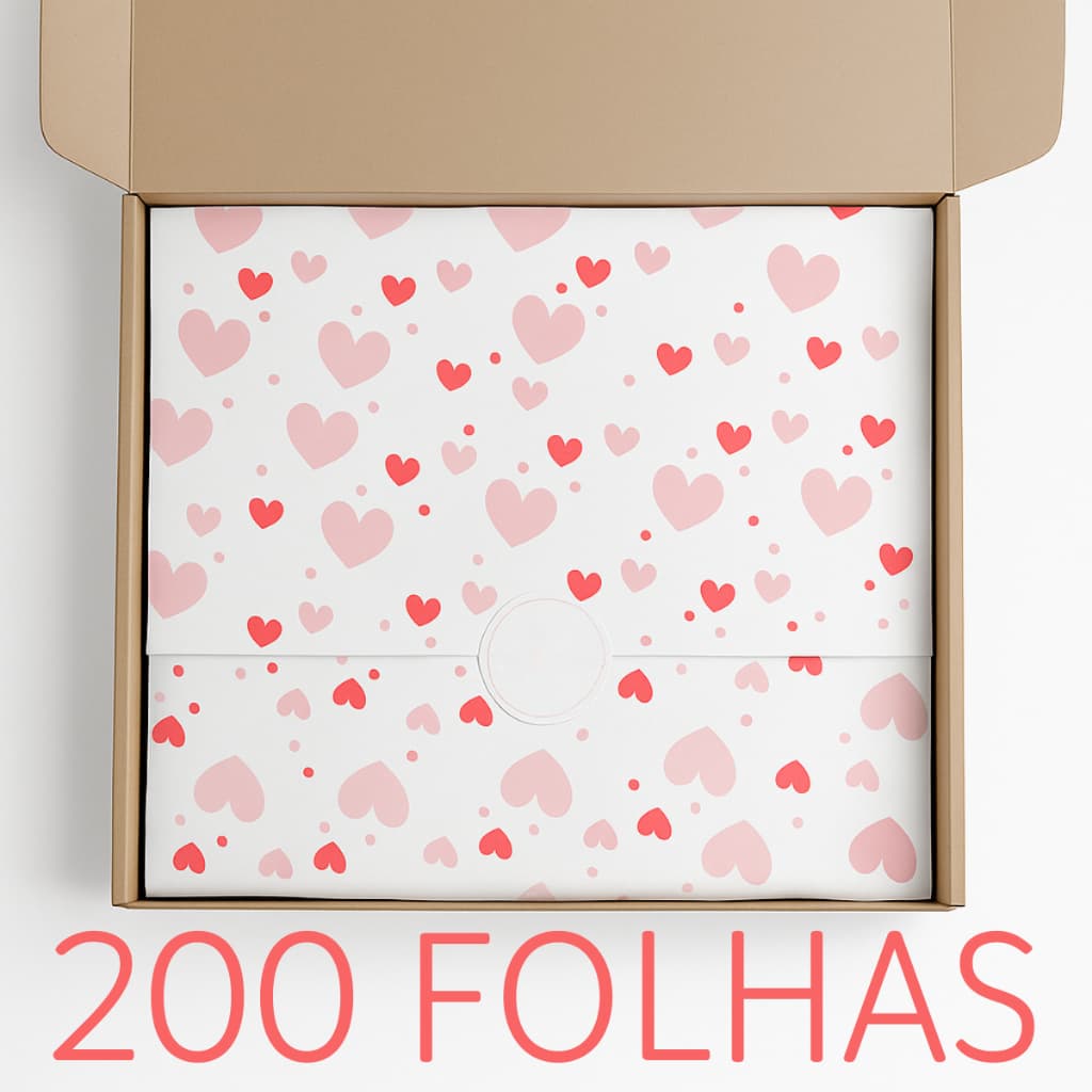 200 Folhas Papel de Seda Premium Estampa Coração 30x70cm Embalagem Sofisticada Agregando Valor em Seus Produtos
