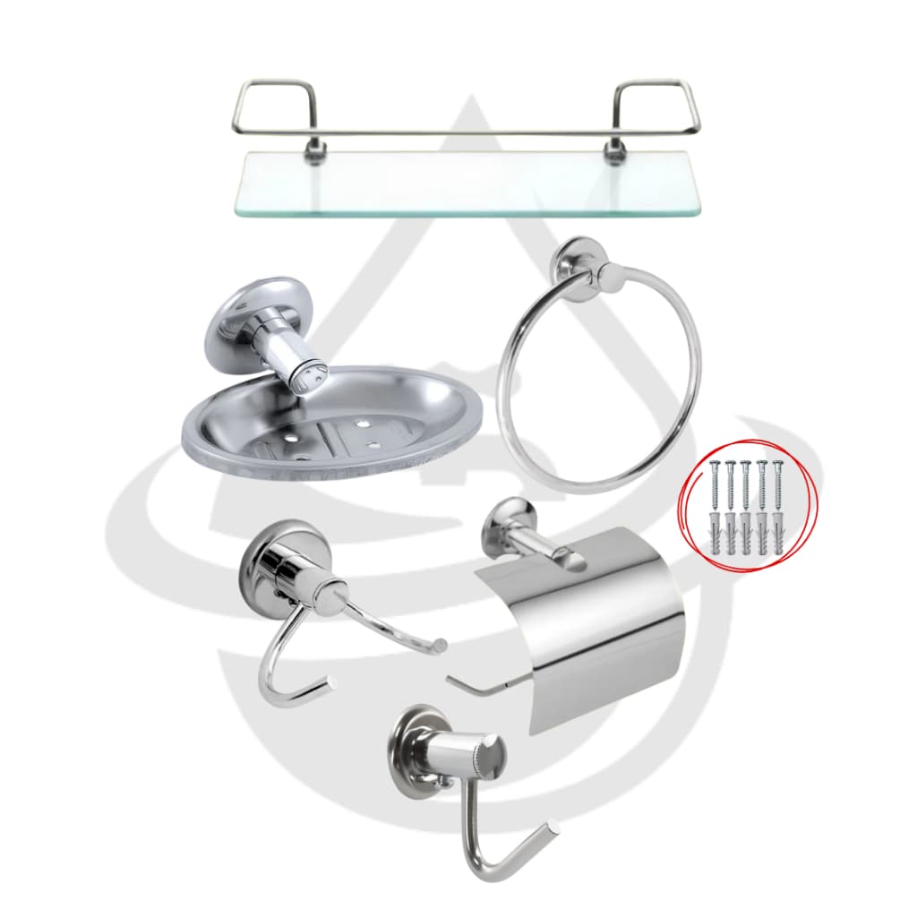 Kit Acessórios Para Banheiro 5 Peças + Porta Shampoo Vidro Temperado 6mm Espessura