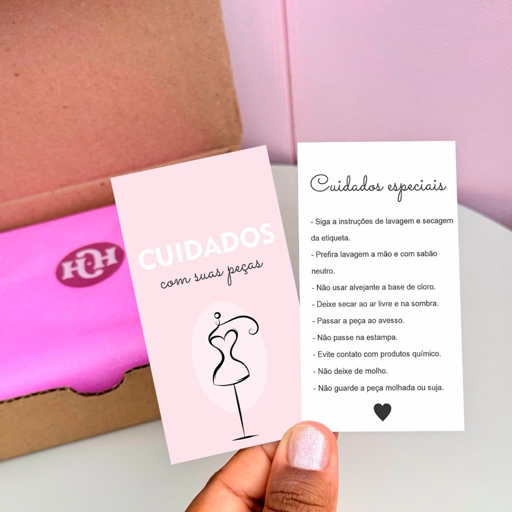 Cartão de Cuidados com Peças - Tag de cuidados - Pronta Entrega 50 /100Un
