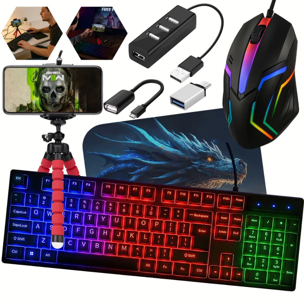 Kit Mobilador Gamer Completo Promoção Para Celular Com Teclado Semi Mecânico Led + Mouse Óptico