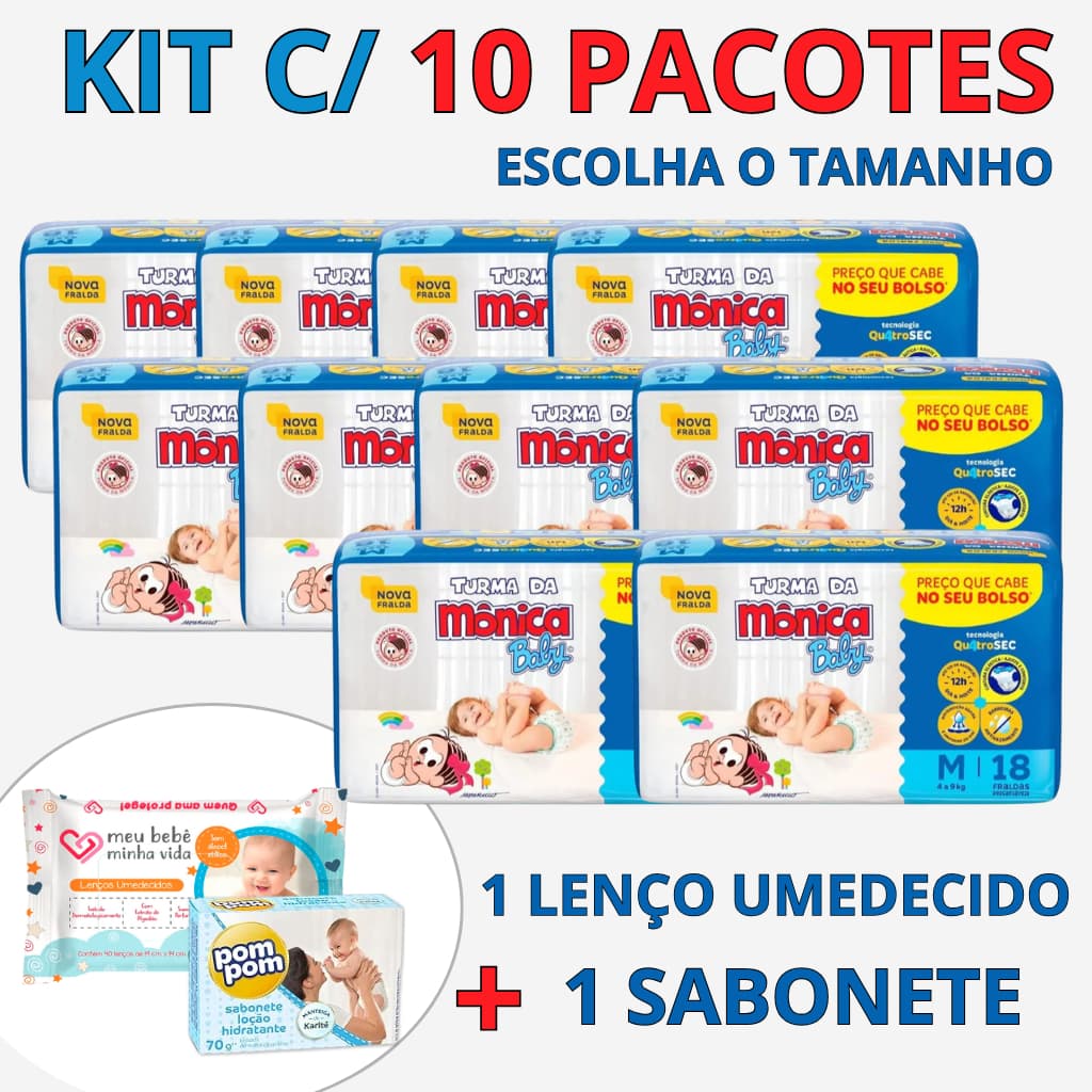 Kit 10 Pacotes de Fralda Turma da Mônica + Lenço Umedecido + Sabonete Infantil