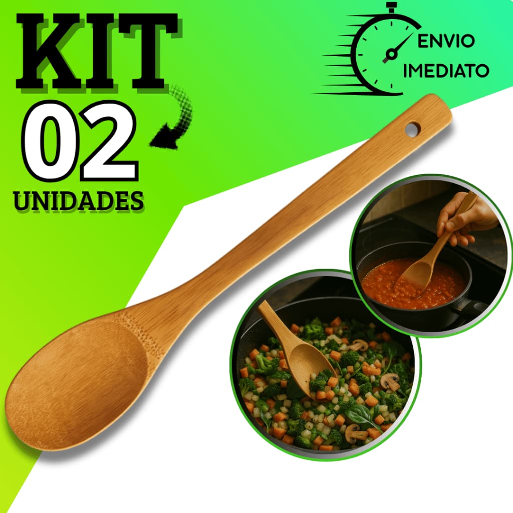 KIT 2 Colher De Bambu Para Cozinhar Madeira Bamboo Media 30cm Para Cozinha Restaurante