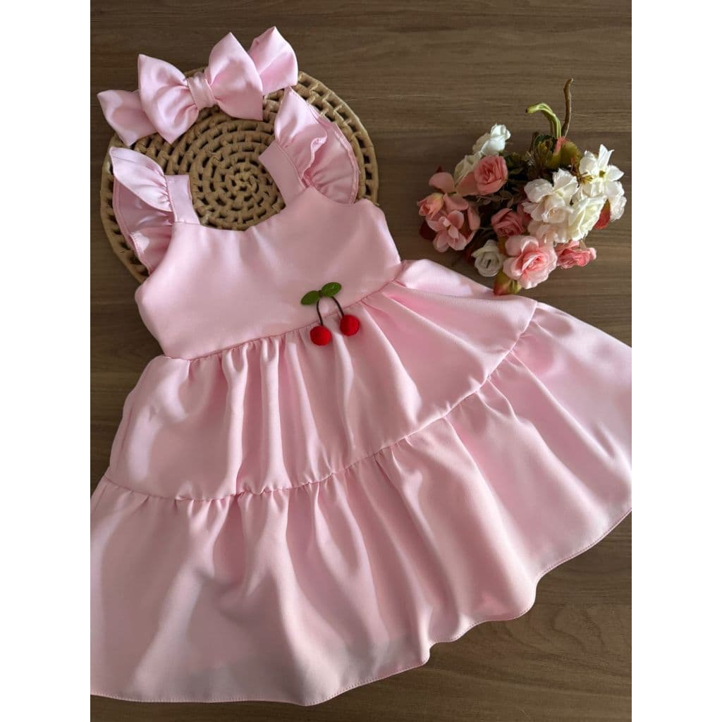 Vestido Maria Infantil Rosa Bebê Pink Cereja Cerejinha Luxo menina casual