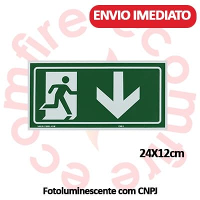 Placa de Sinalização de Emergência S3 Saída Seta Abaixo Rota de Fuga e Saída Fotoluminescente