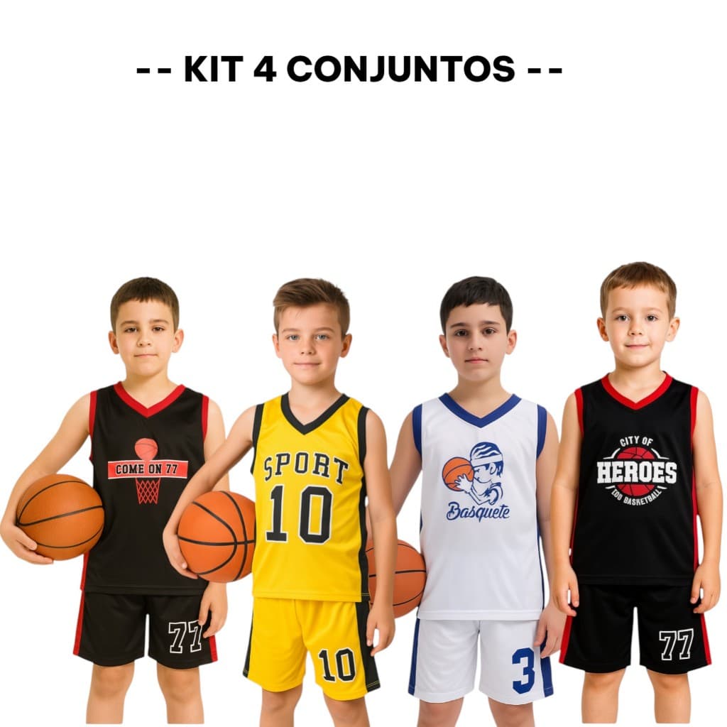 Kit 8 Peças de Roupa Infantil Masculina – Estilo Basquete | 4 Regatas + 4 Shorts Esportivos