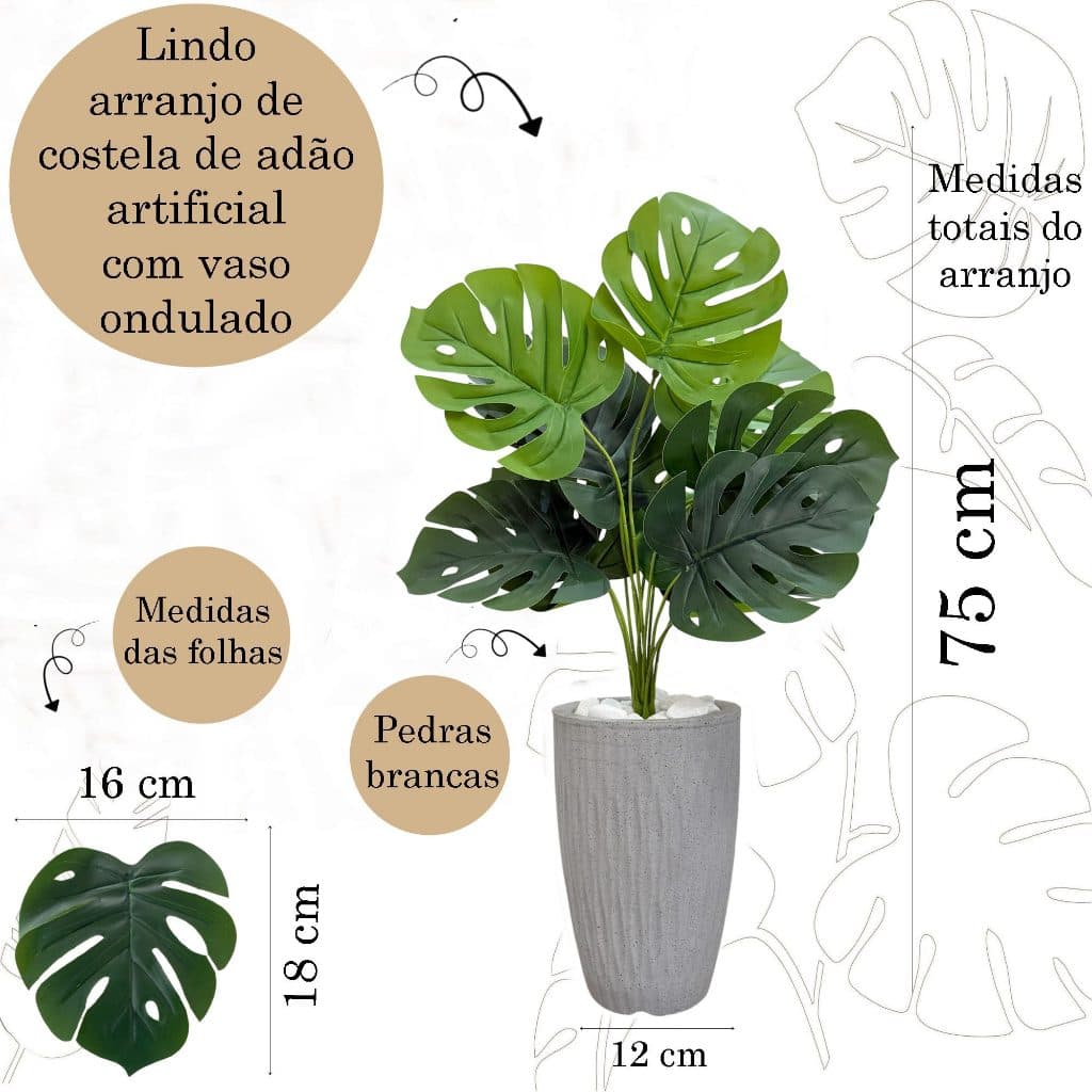 Planta Artificial Costela de Adão Com Vaso Ondulado E Pedras