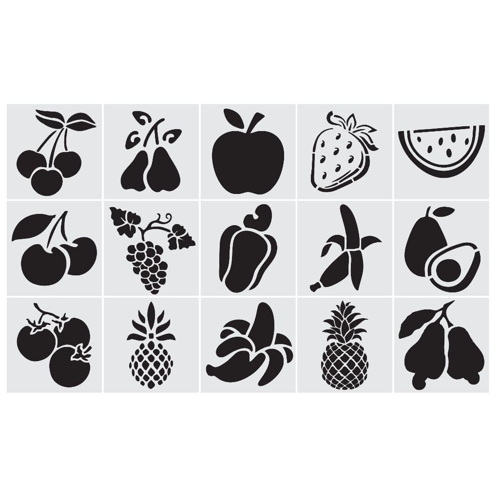 CUTKAPM0004 - Kit Com 15 Stencil 9,5x9,5cm para Cookies e Artesanato Frutas Mylar 190 Micras Branco Leitoso